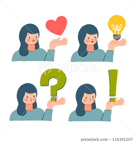 Illustration set of a woman holding various symbols on her palm 116391207