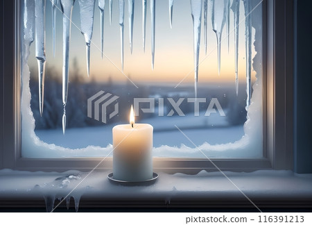 frozen cold window in cold winter with heating turned off frozen cold window in cold winter with heating turned off 116391213