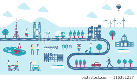 Horizontal banner illustration / Roads, cityscapes and people's everyday scenery vector banner illustration 116391237
