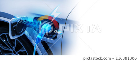 Power cable pump plug in charging power to electric vehicle EV car. 116391300