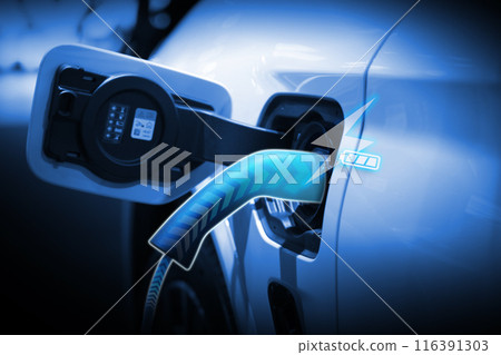 Power cable pump plug in charging power to electric vehicle EV car. 116391303