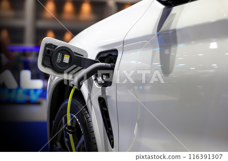 Power cable pump plug in charging power to electric vehicle EV car. 116391307