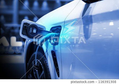 Power cable pump plug in charging power to electric vehicle EV car. 116391308