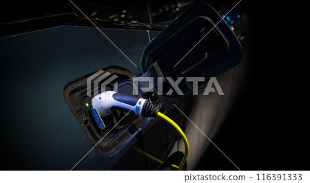 Power cable pump plug in charging power to electric vehicle EV car. 116391333