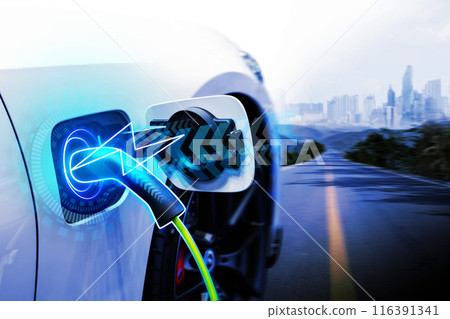 Power cable pump plug in charging power to electric vehicle EV car. Power cable pump plug in charging power to electric vehicle EV car. 116391341