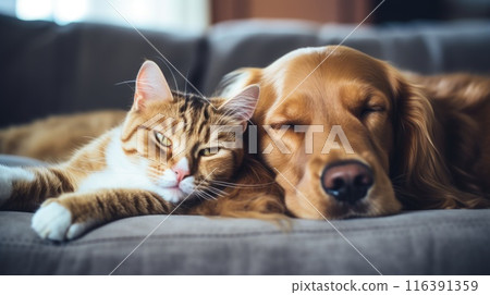 cat and dog relax on a couch animal friendship 116391359
