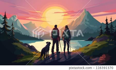couple with dog by the lake in beautiful nature illustration 116391370