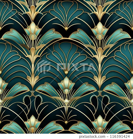 seamless geometric pattern in art deco style. Dark color pattern with gold. Generated ai 116391424