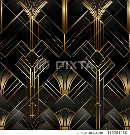 seamless geometric pattern in art deco style. Dark color pattern with gold. Generated ai 116391488