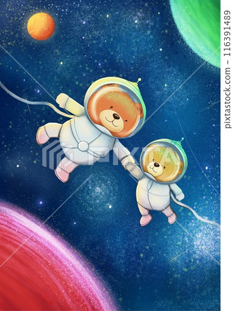 Two Teddy bear astronaut brothers on a Space journey. 116391489