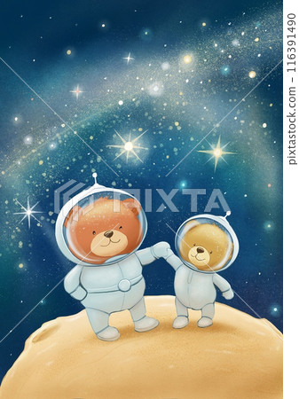 Two Teddy bear astronaut brothers on a Space journey. 116391490