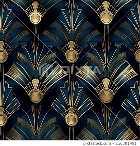 seamless geometric pattern in art deco style. Dark color pattern with gold. Generated ai 116391491