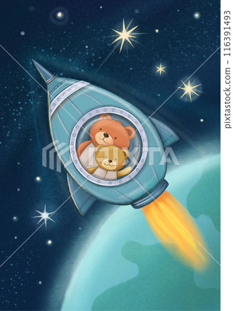 Two Teddy bear astronaut brothers on a Space journey. Two Teddy bear astronaut brothers on a Space journey. 116391493