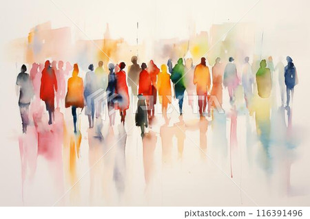 Watercolor illustration: panorama of city street with people walking, Crowd of people. Meeting on the street. Generative ai 116391496
