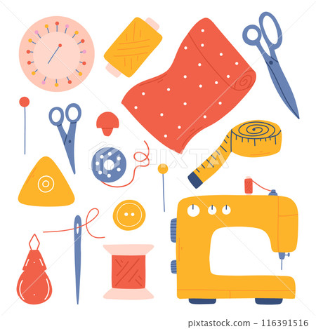 Set of sewing tools. Hand drawn collection of sewing elements. Sewing machine, needle, scissors, thread. Vector illustration isolated on white background. 116391516