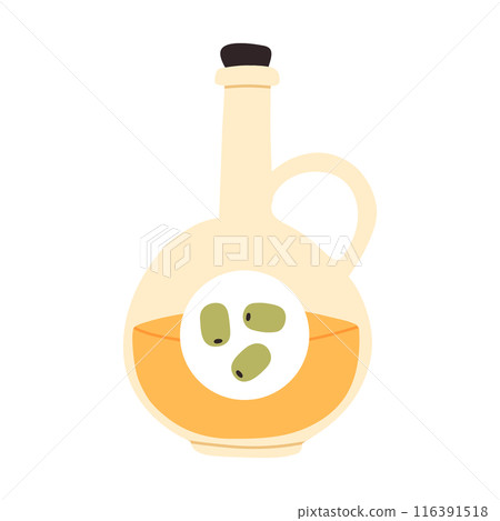 A jug of olive or sunflower oil. Olive oil bottle isolated on white background. Vector illustration. 116391518