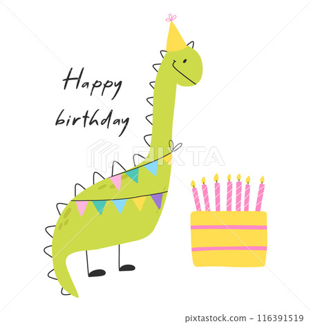Happy birthday card with dinosaur. Cute illustration with dino and cake. Vector illustration isolated on white background. Happy birthday card with dinosaur. Cute illustration with dino and cake. Vector illustration isolated on white background. 116391519