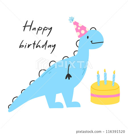 Happy birthday card with dinosaur. Cute illustration with dino and cake. Vector illustration isolated on white background. Happy birthday card with dinosaur. Cute illustration with dino and cake. Vector illustration isolated on white background. 116391520