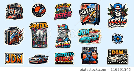 Retro style stickers, graffiti, road stickers. For a suitcase, a skateboard, a car. Separate on a pure white background. 116391545