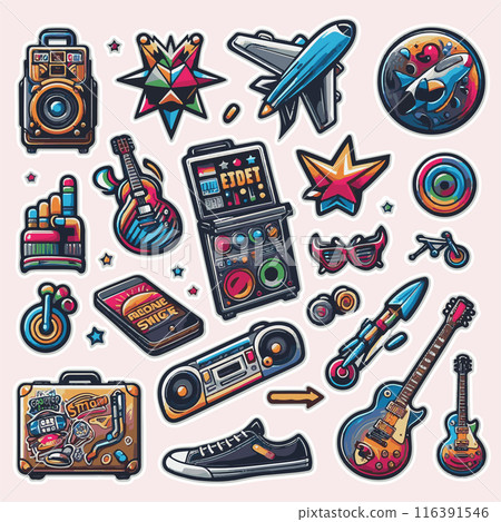 Retro style stickers, graffiti, road stickers. For a suitcase, a skateboard, a car. Separate on a pure white background. 116391546