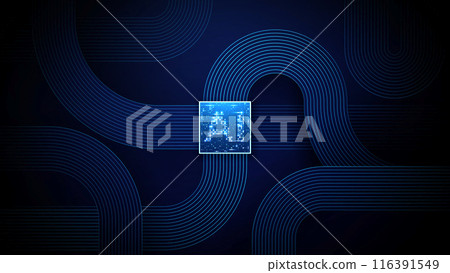 AI chip on technology blue background. Circuit with flat circle cables 116391549