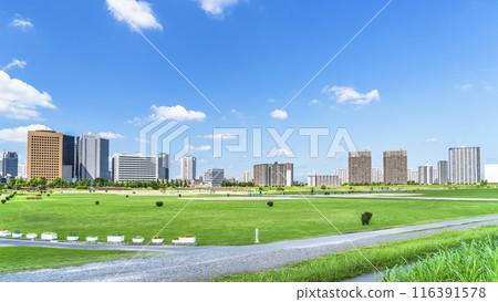 Panoramic view of Tamagawa Green Space and the buildings in front of Kawasaki Station [Kawasaki City, Kanagawa Prefecture - Ota Ward, Tokyo] 116391578