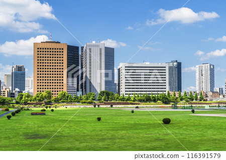 Buildings in front of Kawasaki Station as seen from Tamagawa Green Space [Kawasaki City, Kanagawa Prefecture] 116391579