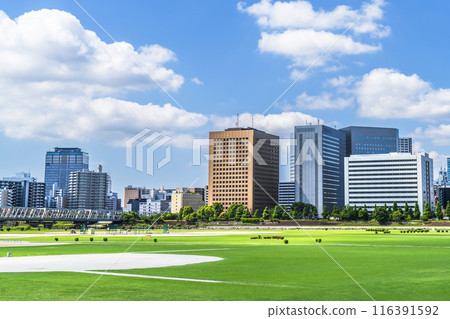 Buildings in front of Kawasaki Station as seen from Tamagawa Green Space [Kawasaki City, Kanagawa Prefecture - Ota Ward, Tokyo] 116391592