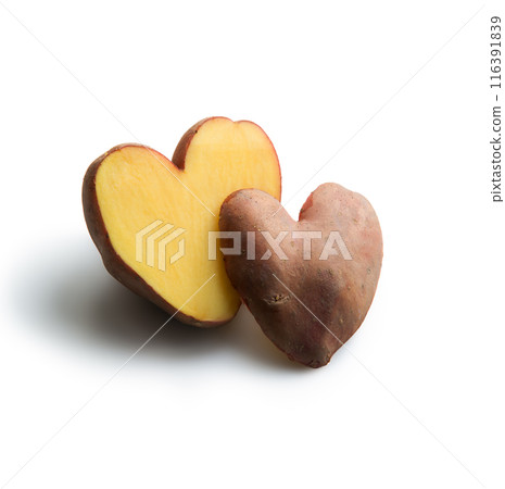 Hearts from potato on white background Hearts from potato on white background 116391839