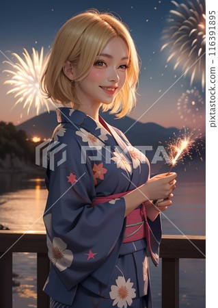 Woman in yukata at fireworks festival 116391895