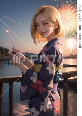 Woman in yukata at fireworks festival 116391898