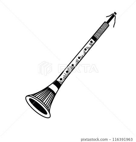 Musical folk instrument. Russian folk instrument - zhaleika, pipe, flute hand drawn in vector on a white background. Suitable for printing on fabric, posters, cards, invitations. Musical folk instrument. Russian folk instrument - zhaleika, pipe, flute hand drawn in vector on a white background. Suitable for printing on fabric, posters, cards, invitations. 116391963