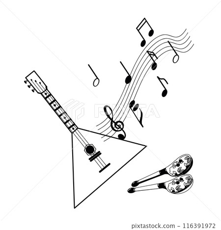 Balalaika, melody, notes, wooden spoons. Russian folk musical instruments, hand drawn in vector on a white background. Suitable for printing on fabric, posters, cards, invitations. 116391972