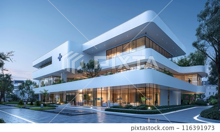 modern hospital style building with blue cross 116391973