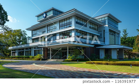modern hospital style building with blue cross modern hospital style building with blue cross 116391977