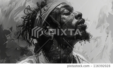 Club DJ with afro hairstyle playing mixing music on vinyl turntable at party wearing sunglasses with lens flare from nightlife lights. Pencil drawing 116392028