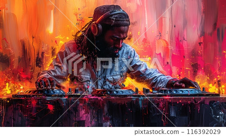 Club DJ with afro hairstyle playing mixing music on vinyl turntable at party wearing sunglasses with lens flare from nightlife lights. Pencil drawing 116392029