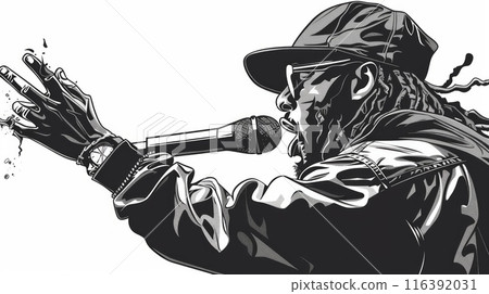 Club DJ with afro hairstyle playing mixing music on vinyl turntable at party wearing sunglasses with lens flare from nightlife lights. Pencil drawing Club DJ with afro hairstyle playing mixing music on vinyl turntable at party wearing sunglasses with lens flare from nightlife lights. Pencil drawing 116392031