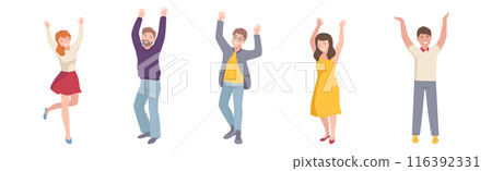 Happy People Character Standing with Raised Hands Up Vector Set 116392331