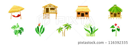 Hut, Hammock and Green Flora as Tropical Landscape Element Vector Set 116392335