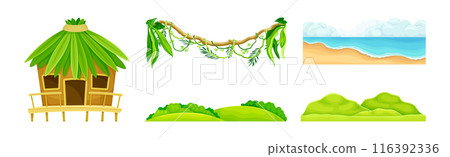 Hut, Green Bush and Shore as Tropical Landscape Element Vector Set 116392336