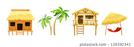 Palm, Hut and Straw Umbrella with Hammock as Tropical Landscape Element Vector Set 116392341