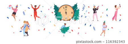 People Characters Celebrating New Year Holiday with Party Popper and Champagne Vector Illustration Set 116392343