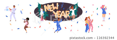People Characters Celebrating New Year Holiday with Party Popper and Champagne Vector Illustration Set 116392344