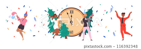 People Characters Celebrating New Year Holiday with Party Popper and Champagne Vector Illustration Set People Characters Celebrating New Year Holiday with Party Popper and Champagne Vector Illustration Set 116392348