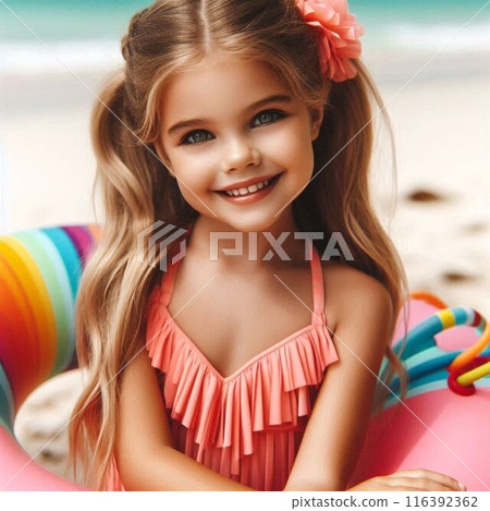 A girl in a swimsuit smiling on the beach 116392362