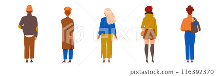 People Characters Standing in Row Back View Vector Illustration Set 116392370