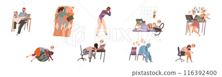 Exhausted Tired People Character with Burnout Syndrome Vector Set 116392400