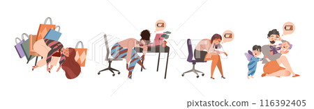 Exhausted Tired People Character with Burnout Syndrome Vector Set 116392405