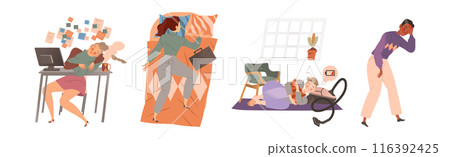 Exhausted Tired People Character with Burnout Syndrome Vector Set 116392425